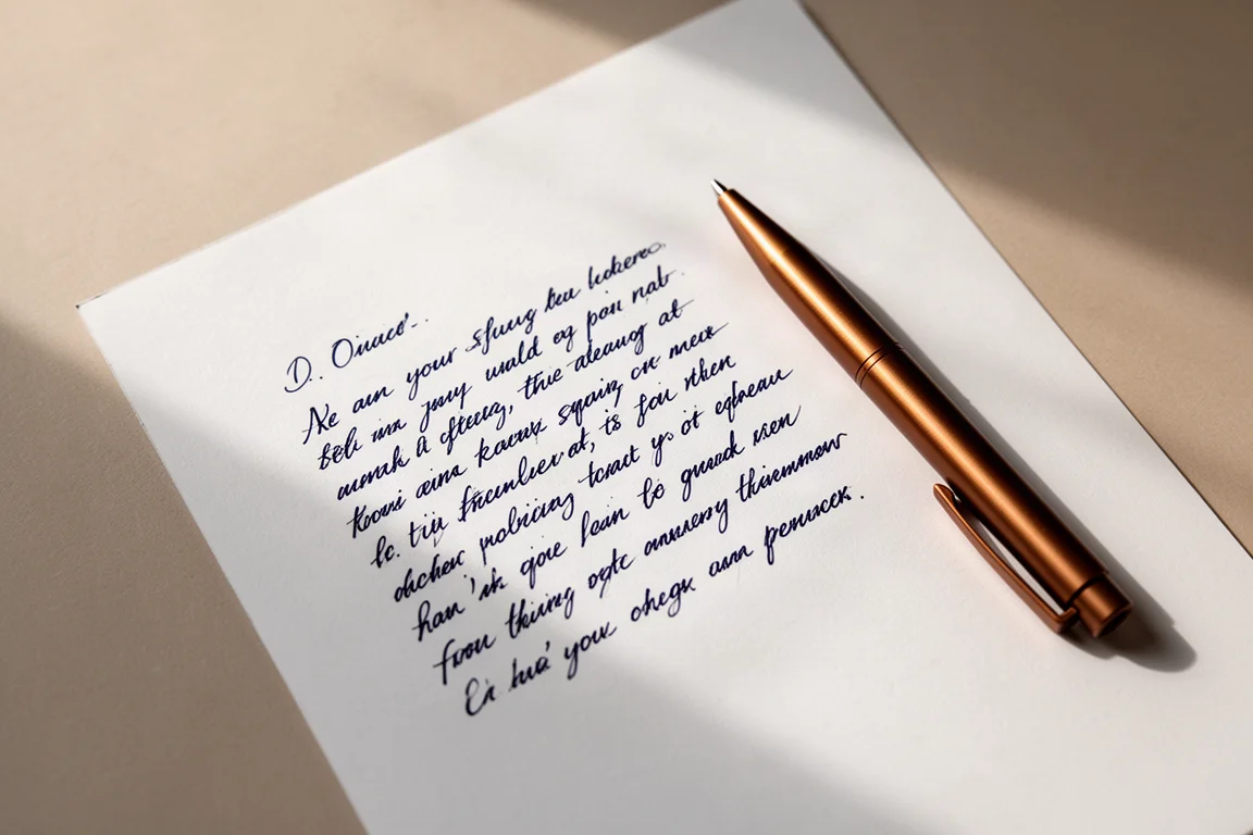 Hand writing with a slim black ballpoint pen on white paper