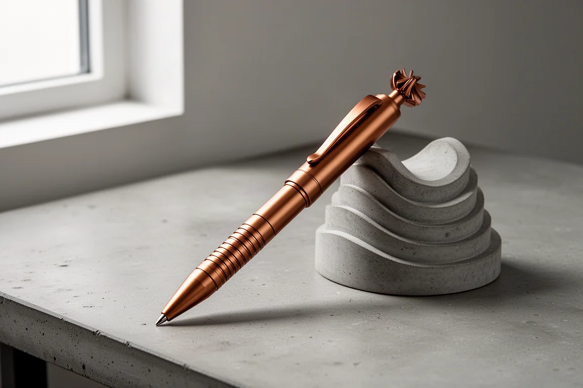 Slim black brass ballpoint pen standing beside a ridged metal pen stand