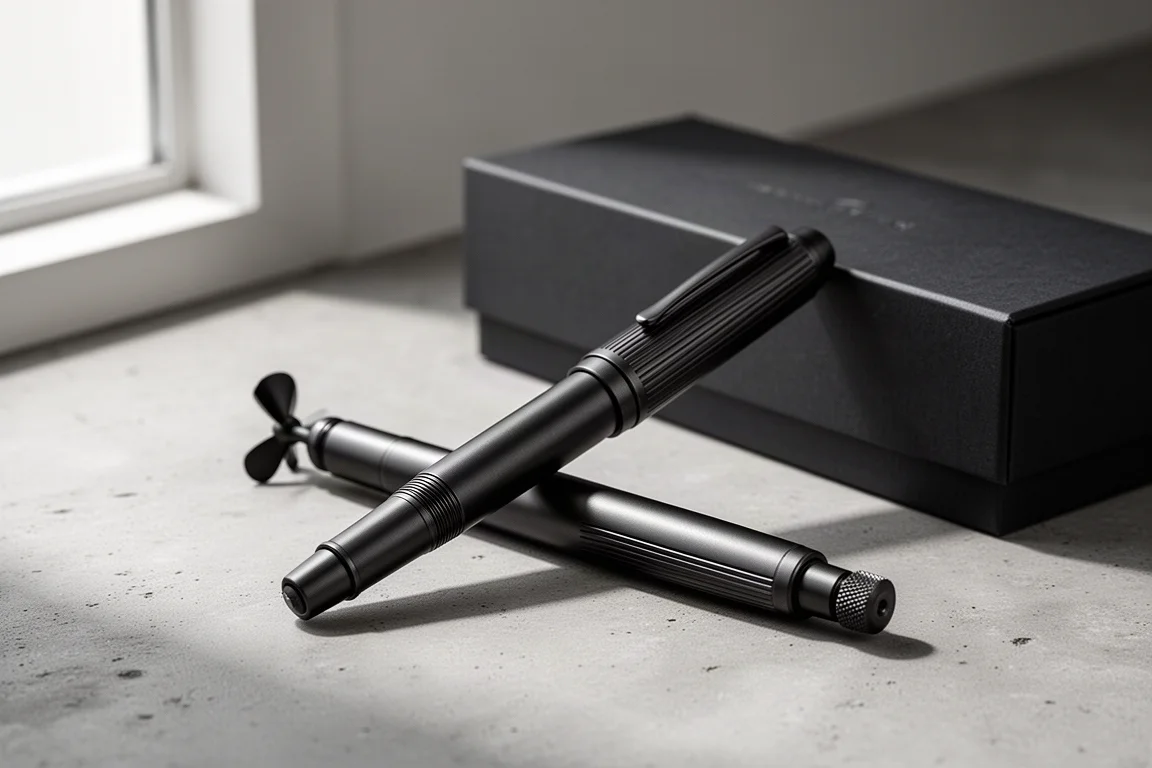 Matte black TAG Submarine fountain pen with grooved body on dark surface