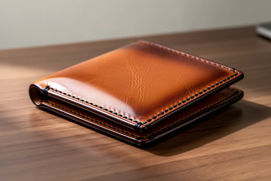 Glossy brown full grain leather wallet with visible hand stitching on a wooden desk
