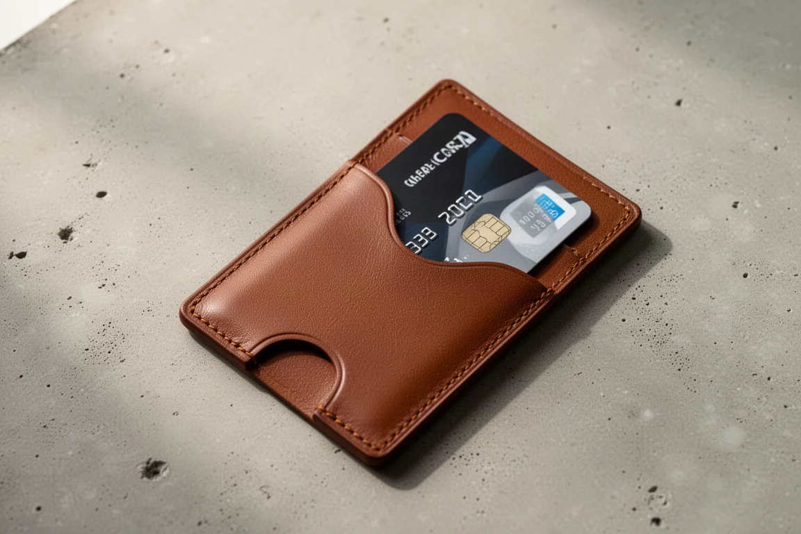 Hand pulling a credit card from the curved corner cutout of a leather wallet
