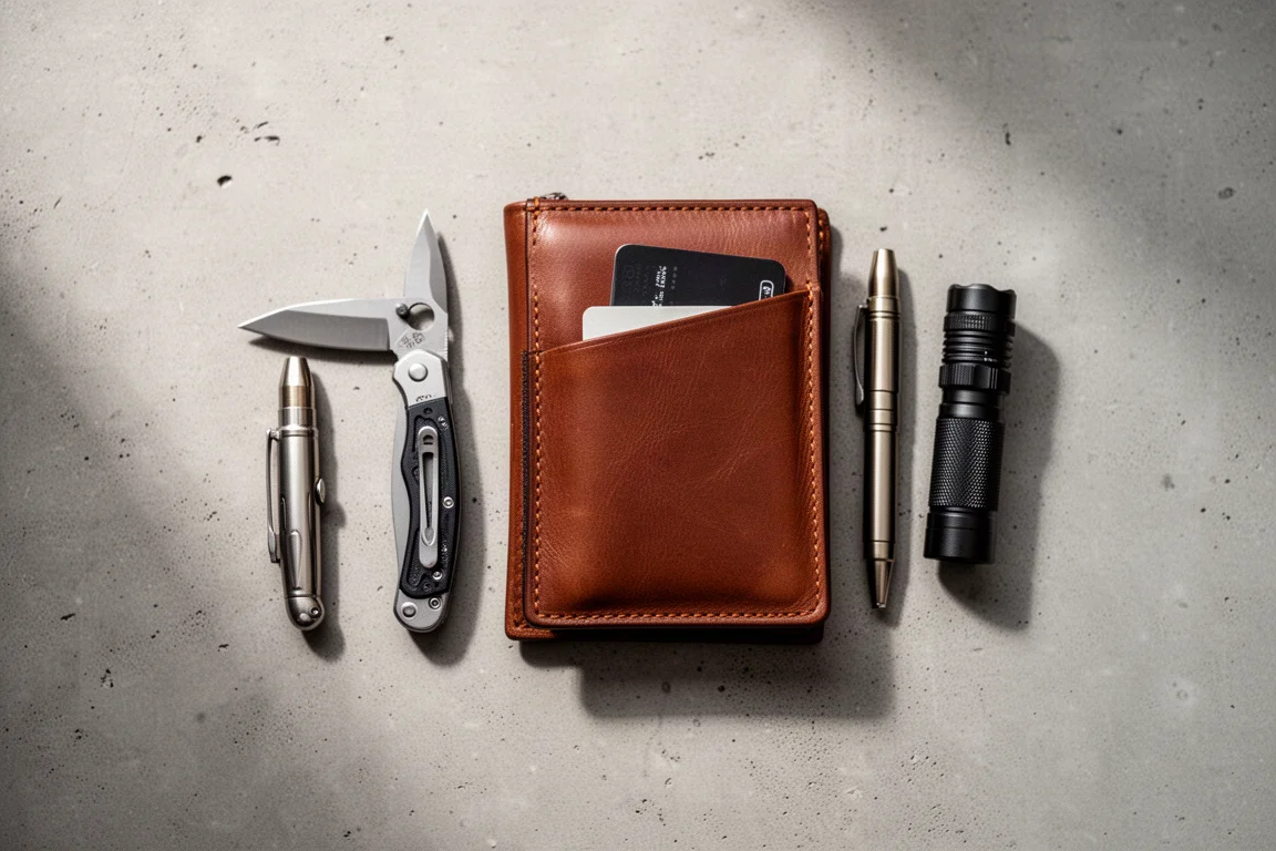 Leather pocket organizer holding a folding knife, pen, and small flashlight
