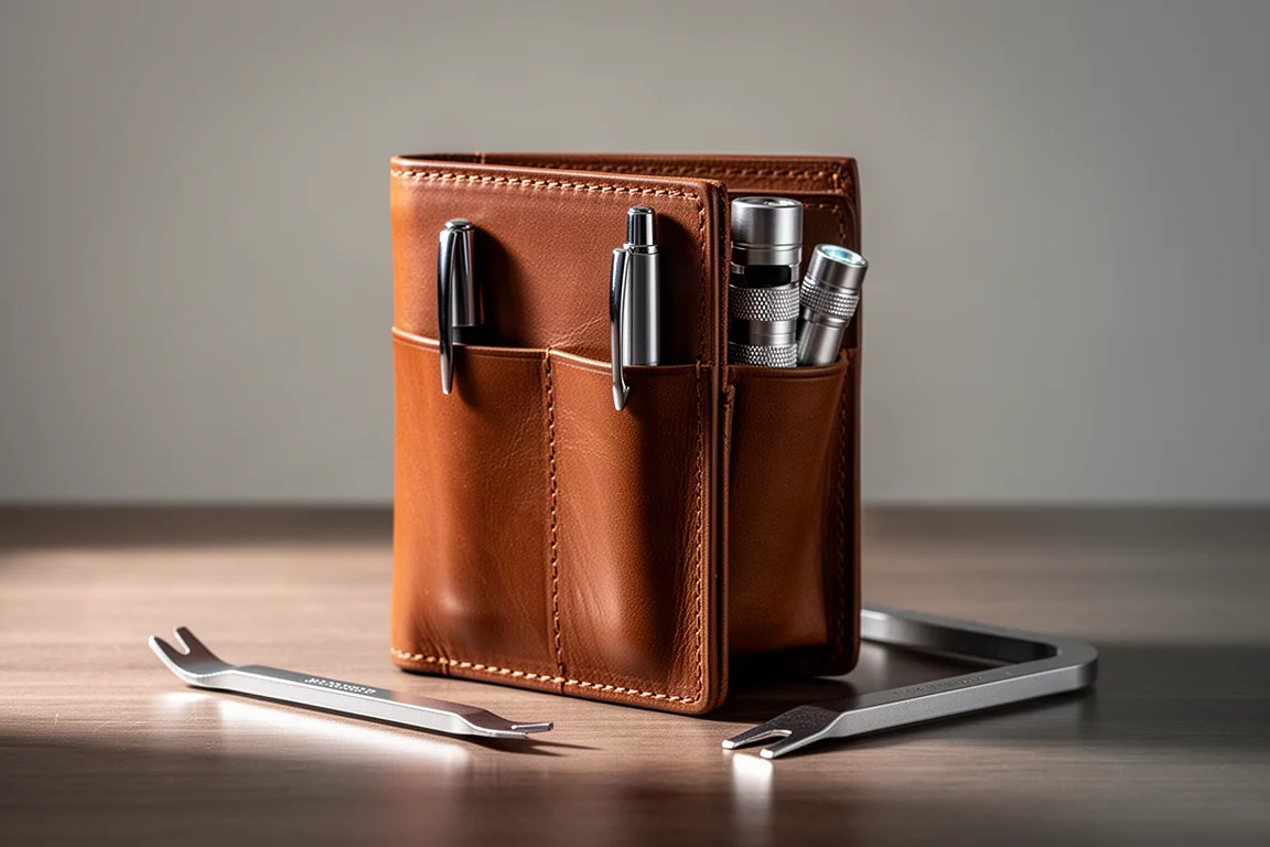 Leather pocket organizer with a pen and flashlight tucked into the rear pockets
