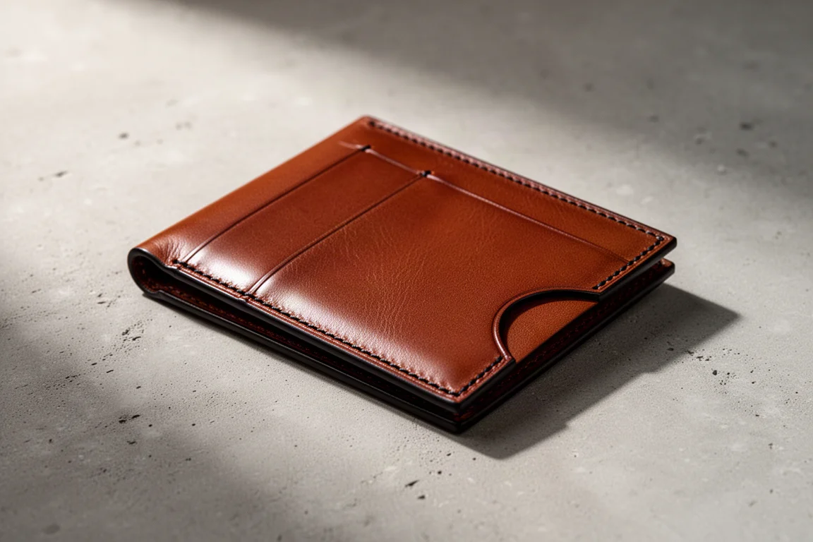 Elegante portafoglio-organizer in pelle pieno fiore marrone lucida su una superficie di cemento