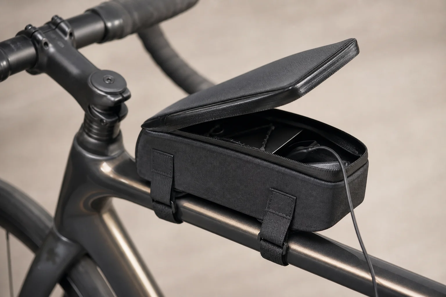 Close-up of Tailfin Top Tube Flip Bag mounted on a road bike top tube