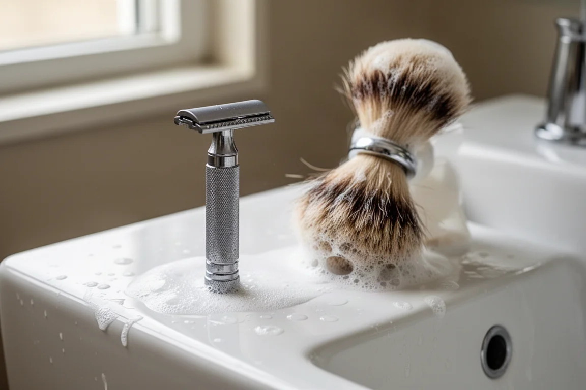 Maquinilla de afeitar de seguridad de doble filo y brocha descansando sobre una encimera de lavabo después de un afeitado