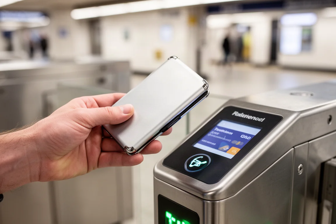 Hardcase-Wallet wird an einem Kartenlesegerät in einer U-Bahn-Station angetippt