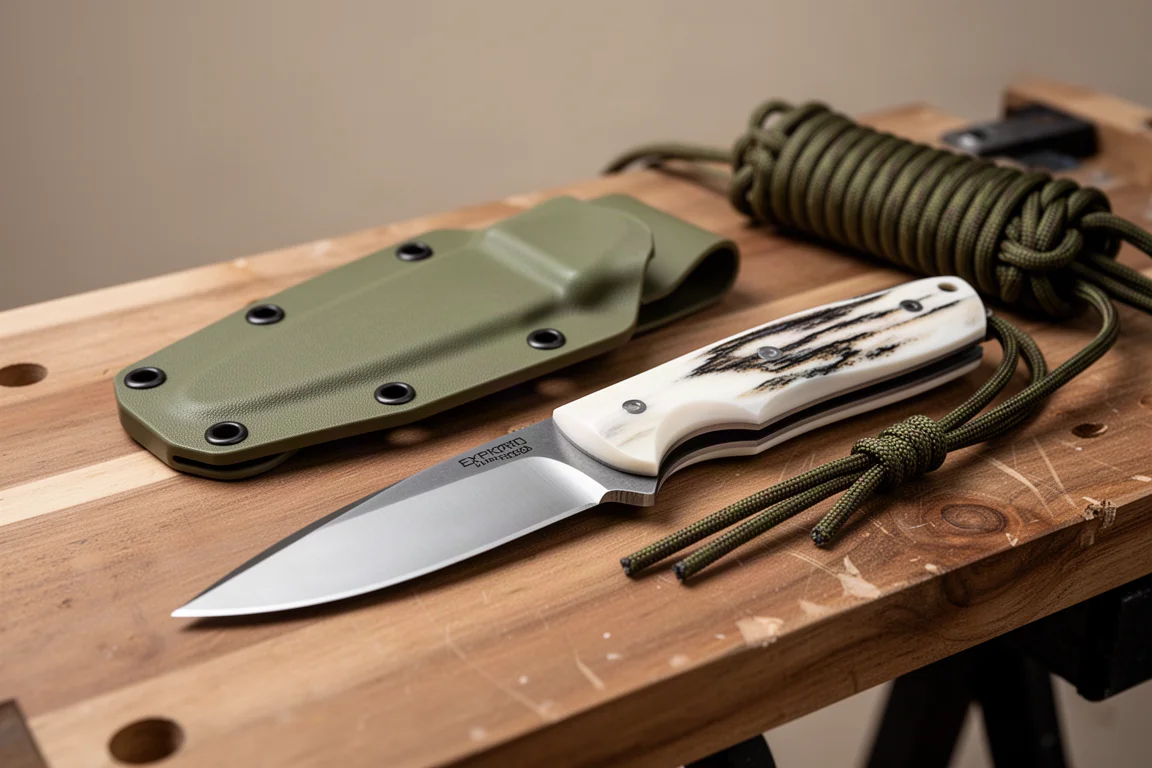 Fixed-Blade-Messer liegt auf einer Werkbank neben seiner grünen Kydex-Scheide