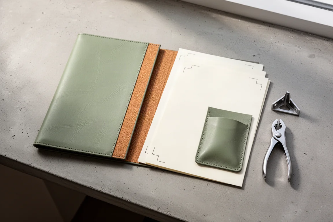 Notizbuch mit magnetischen Ankerpunkten am Rücken und modularen Einsätzen auf einem Schreibtisch
