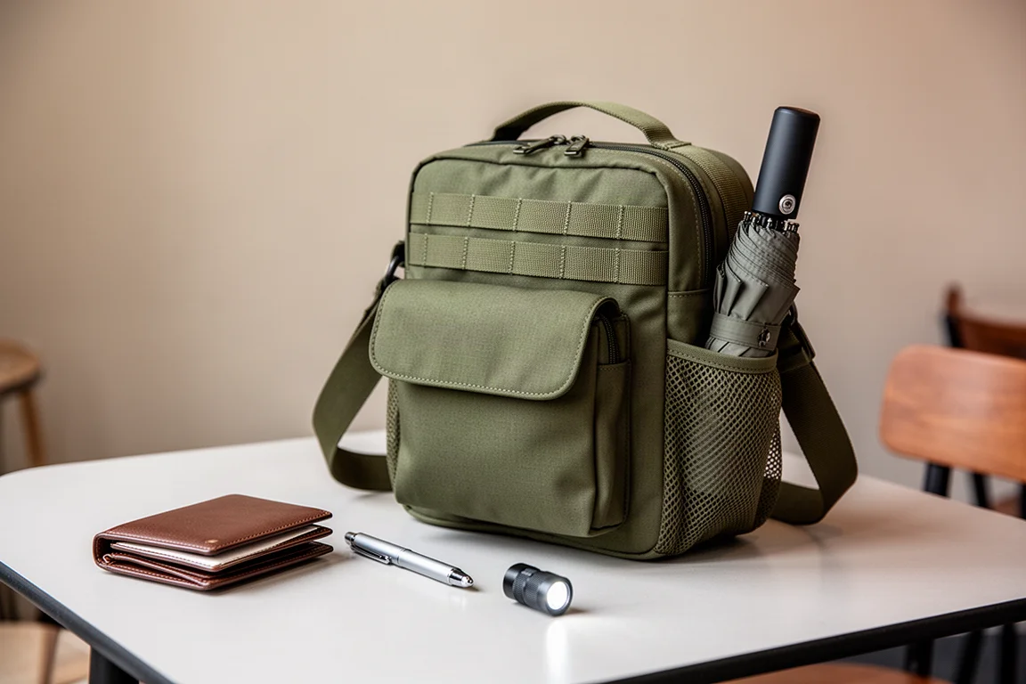 Kompakte olivefarbene Schultertasche voller Everyday-Carry-Items auf einem Café-Tisch