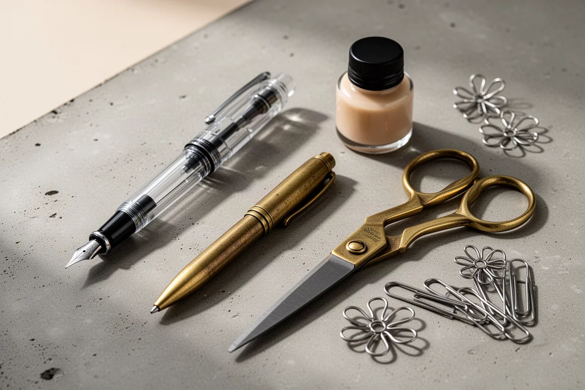 Flat-lay of fountain pen, brass ballpoint, ink bottle, scissors, and paper clips on a desk