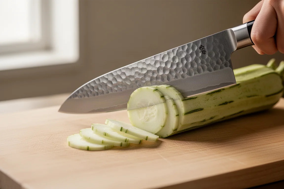 Thin Japanese santoku knife slicing cleanly through a vegetable on a cutting board
