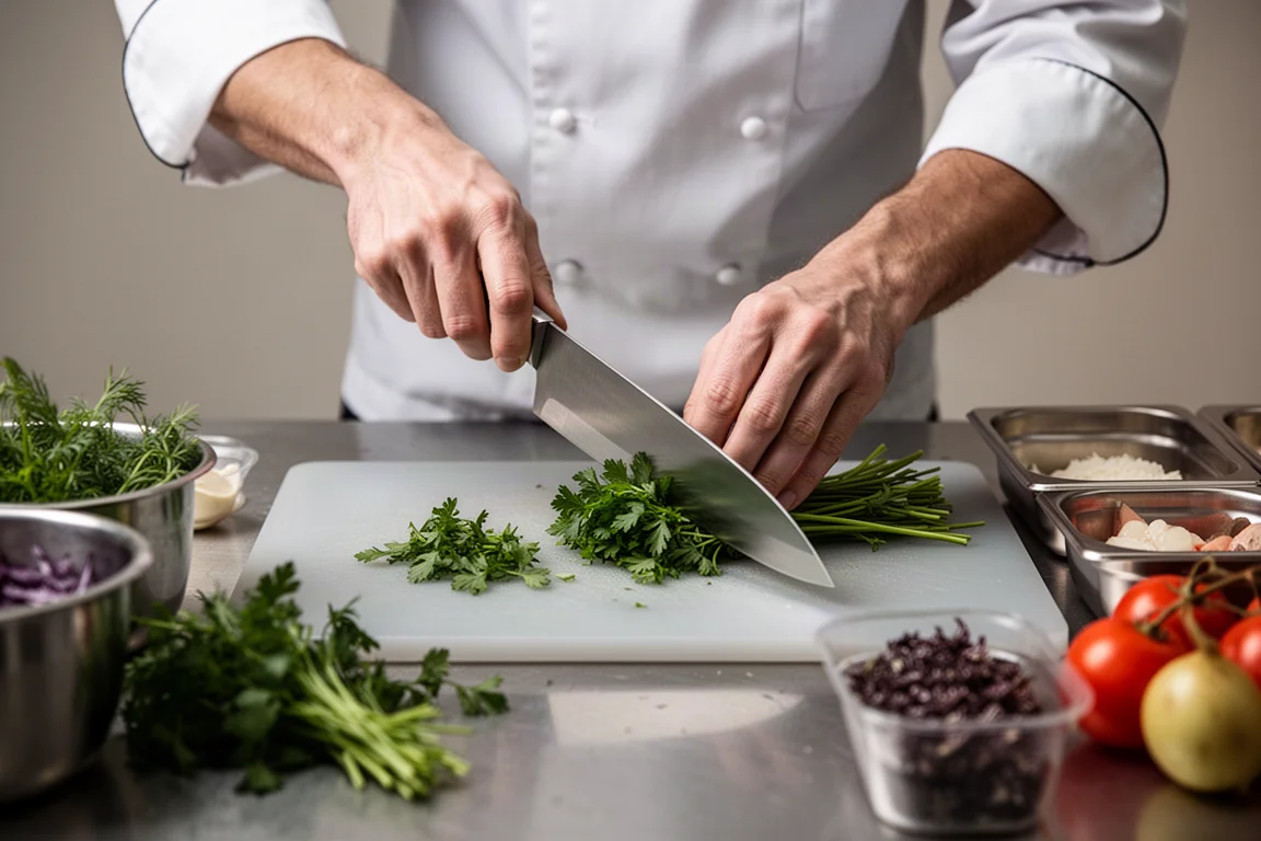 Professional cook working quickly with a sharp knife in a busy restaurant kitchen