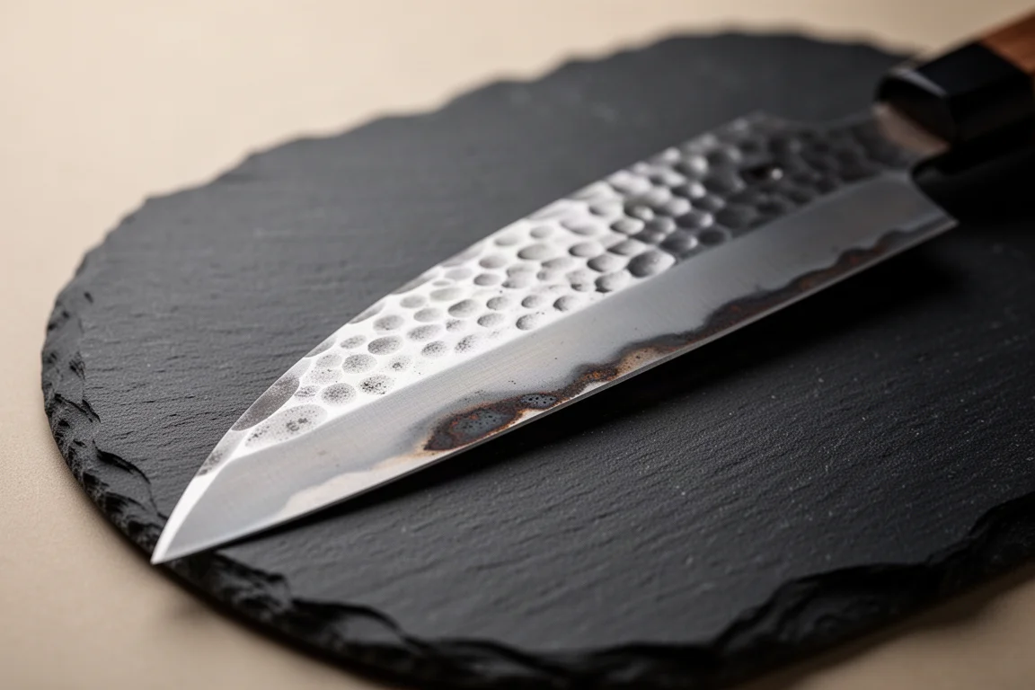 Close-up of a semi-stainless knife blade showing a subtle darkened patina along the edge