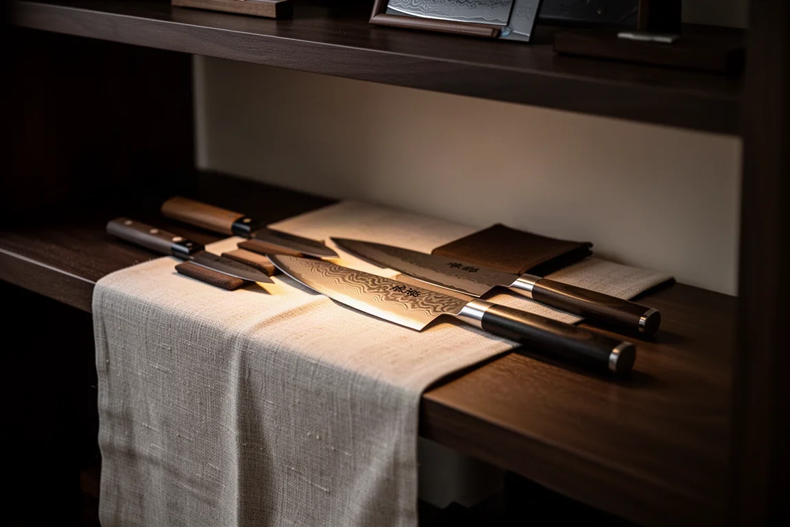 Collector's display shelf with rare Japanese knives on dark wood