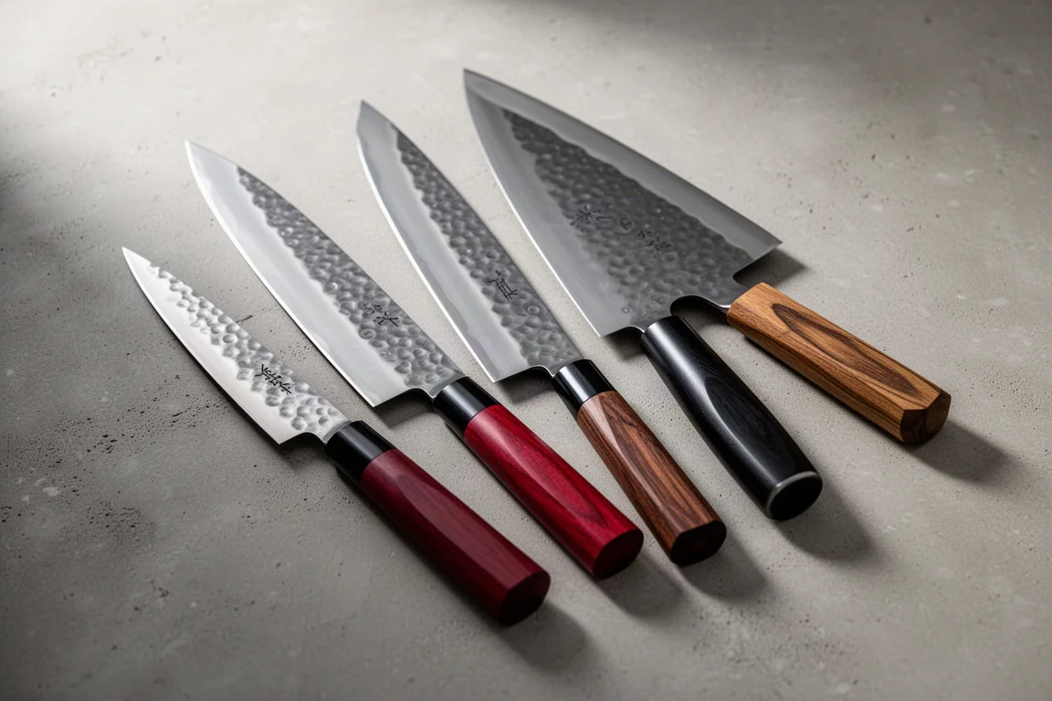 Six Japanese kitchen knives with varied handles and finishes arranged on a concrete surface
