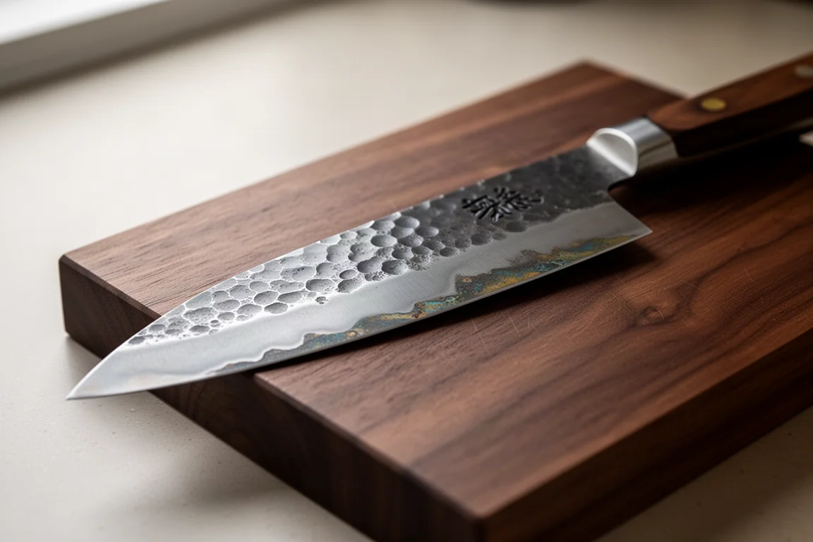 Hoja de cuchillo japonés forjada a mano con acabado martillado sobre una tabla de cortar de madera