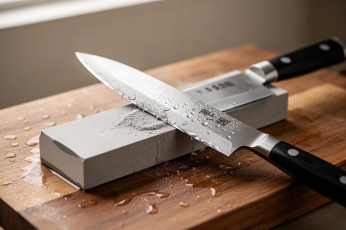 Persona afilando un cuchillo japonés en una piedra de afilar en una cocina doméstica