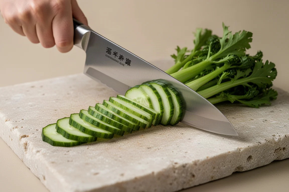 Cuchillo japonés de filo unilateral cortando verduras frescas sobre una tabla de cortar