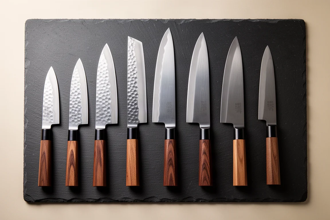 Colección de cuchillos de cocina japoneses dispuestos sobre una superficie oscura con luz suave
