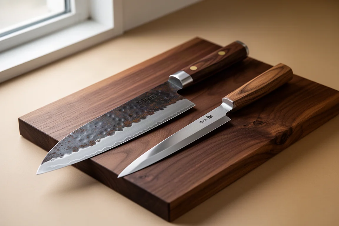 Takeda Mira Roshi and Koichi Hanasuki Japanese knives on a walnut cutting board