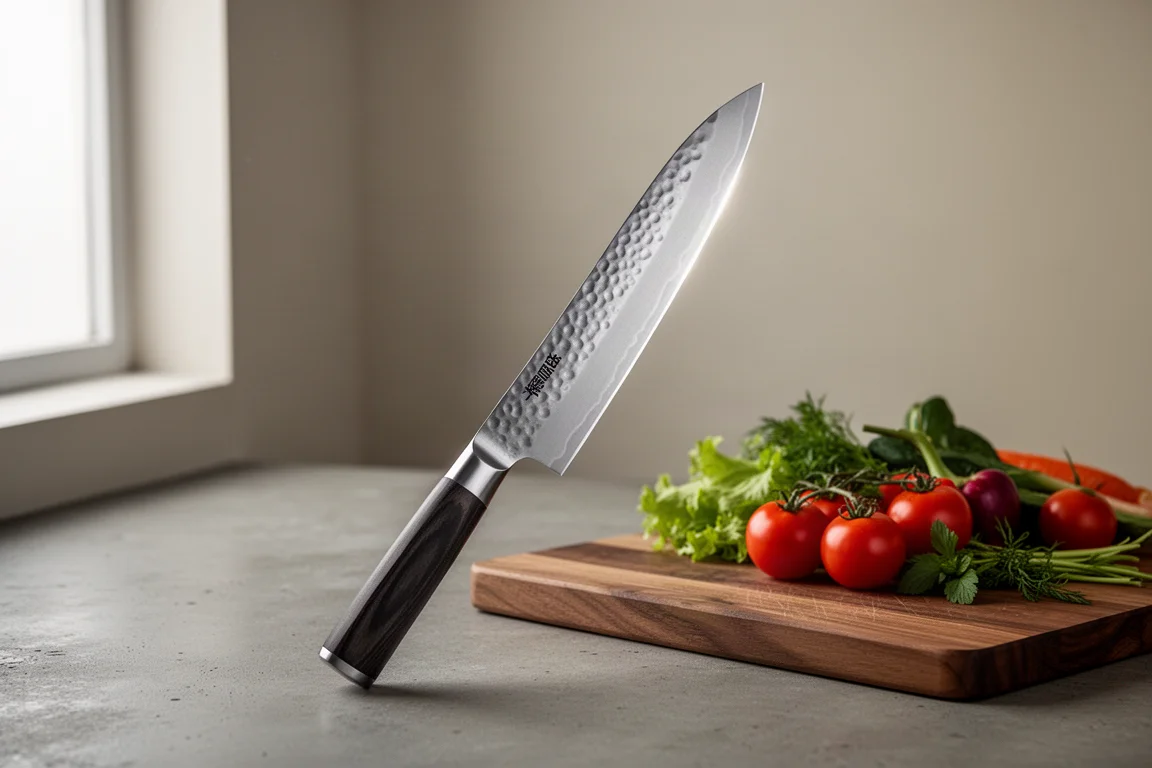 Takeda NAS 240mm Gyuto kitchen knife on a concrete surface beside a cutting board