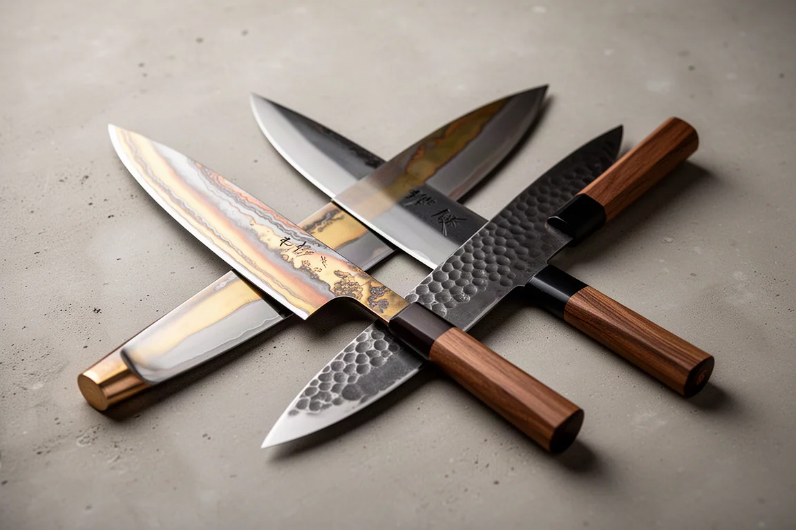 Two Japanese kitchen knives with damascus and hammered finishes on a concrete surface
