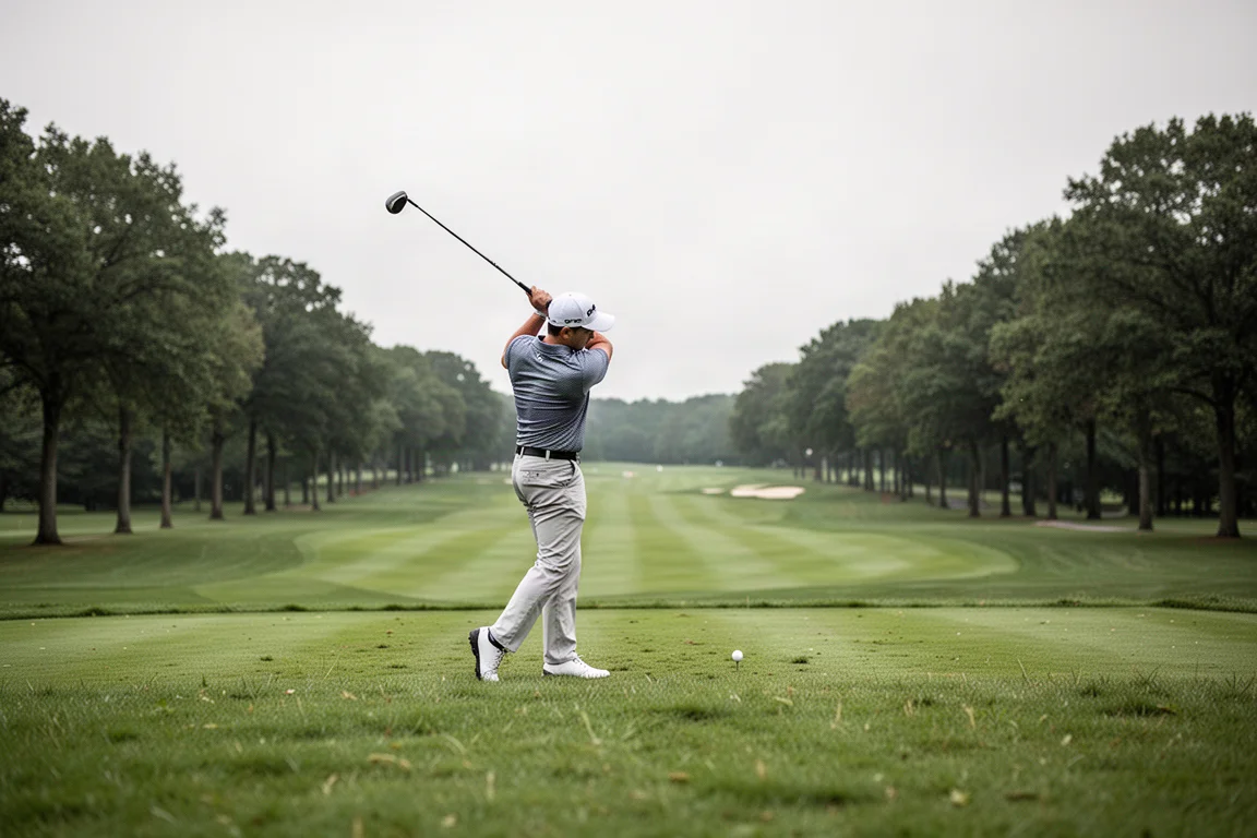 Golfer schlägt ein Vierer-Eisen vom Abschlag auf einem Par-5-Loch, mit Bäumen entlang des Fairways