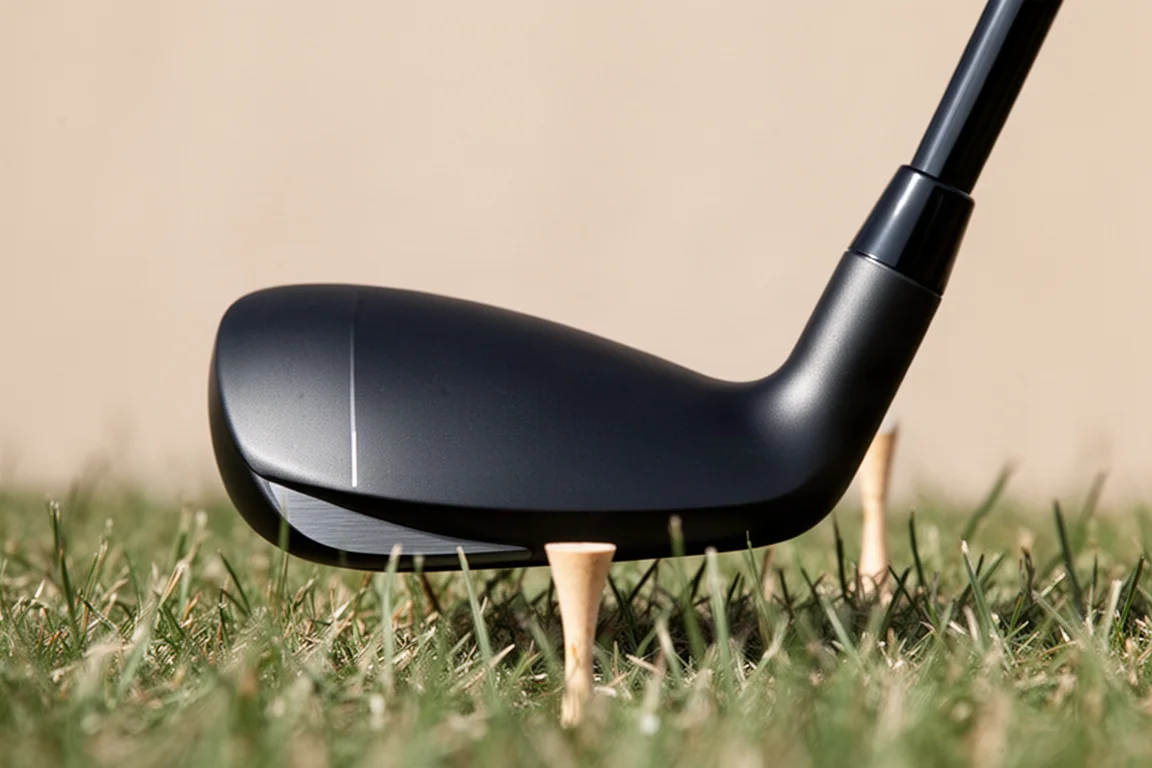 Nahaufnahme eines Golfeisens am Ball auf dem Abschlag, das die matte Oberfläche und die saubere Oberkante zeigt