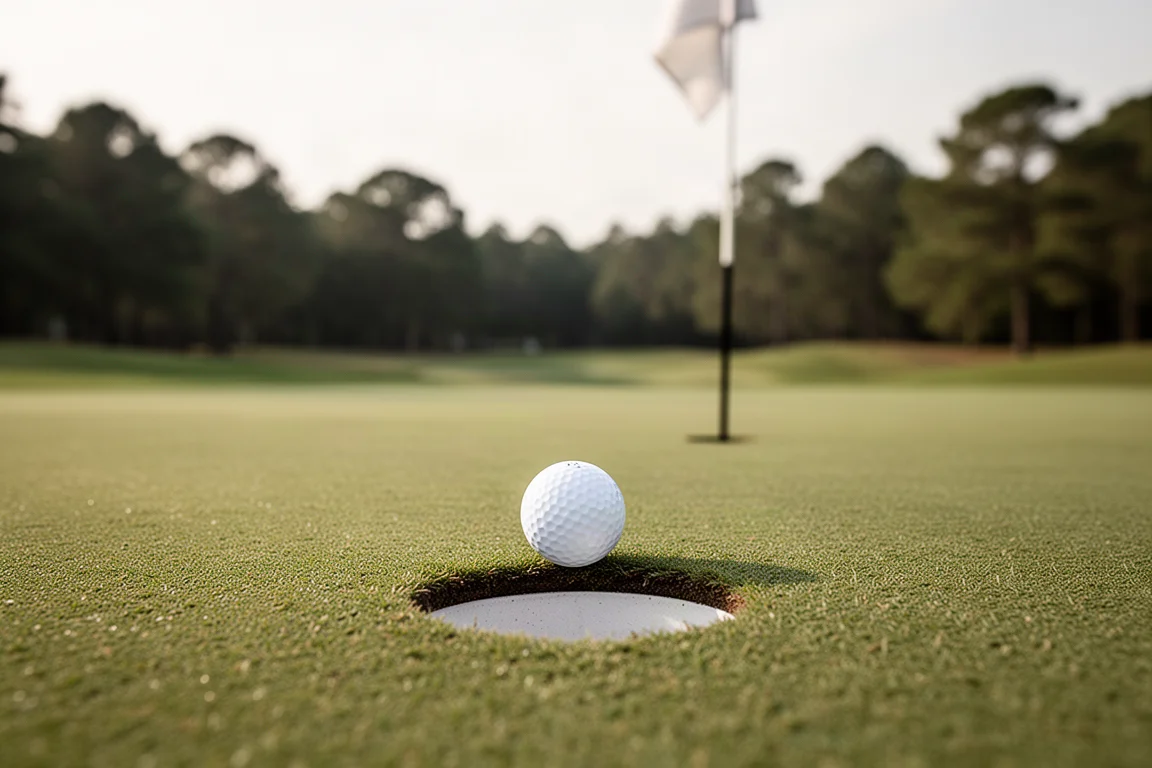 Golfball auf dem Grün nahe dem Loch, mit sichtbarem Pitchmark auf der Puttfläche
