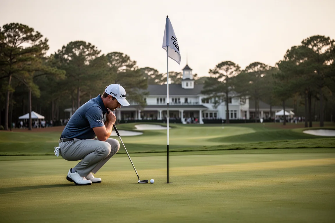 Golfer, der auf dem letzten Loch einen Birdie-Putt anvisiert, mit Grün und Fahnenstange voraus