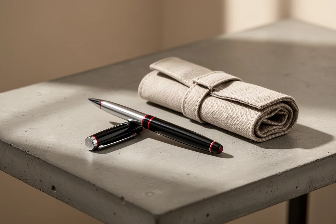 Stylo laqué fin posé à côté d'un étui à stylos en tissu sur un bureau en béton