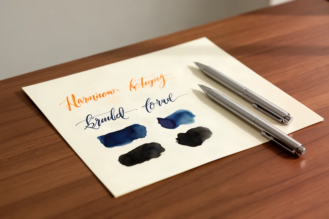 Page de test d'écriture avec divers échantillons d'encre sur papier crème