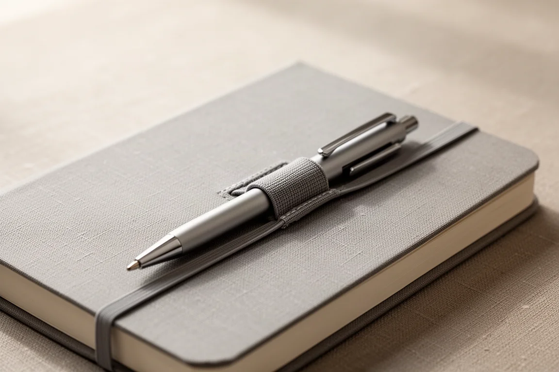 Stylo compact glissé dans un porte-stylo extensible fixé à un carnet
