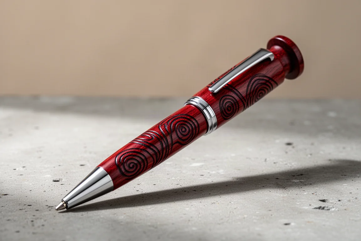 Penna a sfera in legno con lacca urushi rossa fatta a mano, con motivo dipinto a mano in nero, su una superficie in cemento
