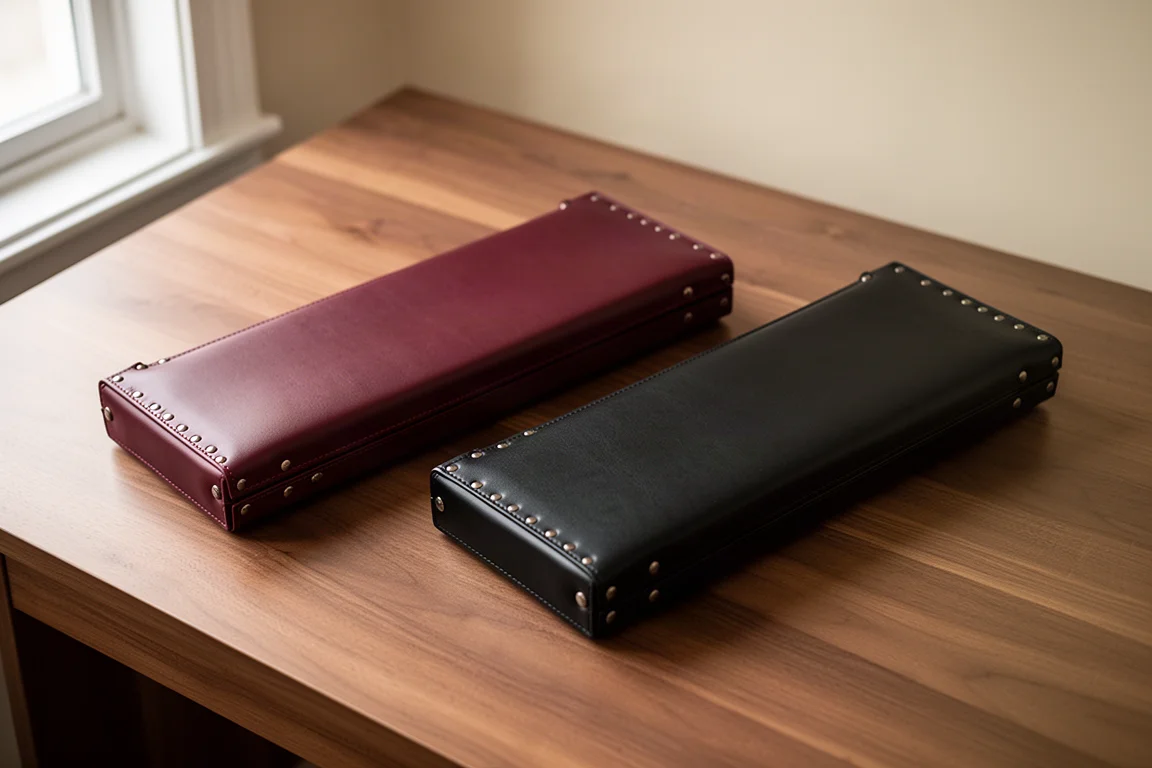 Two leather multitool cases in burgundy and black lying flat on a wooden desk