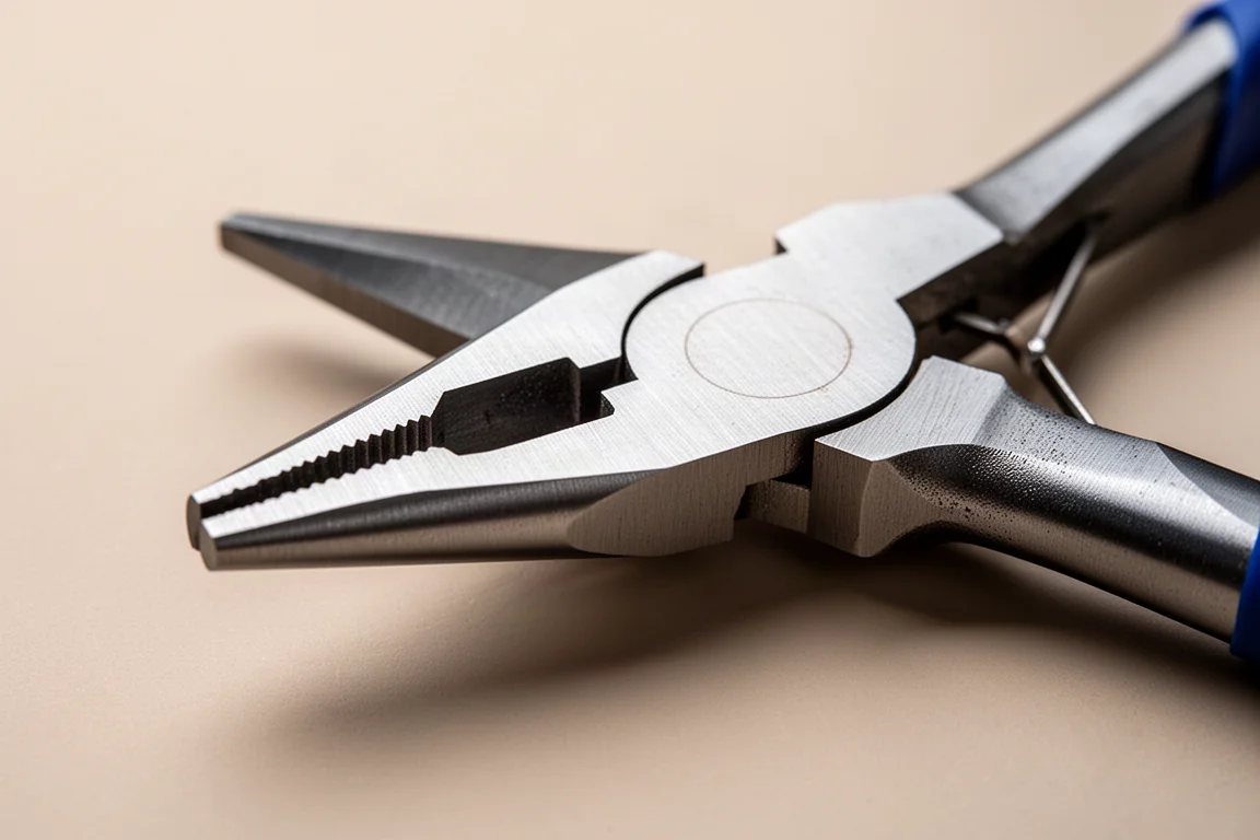 Close-up of a thick needle-nose plier head on a steel multitool