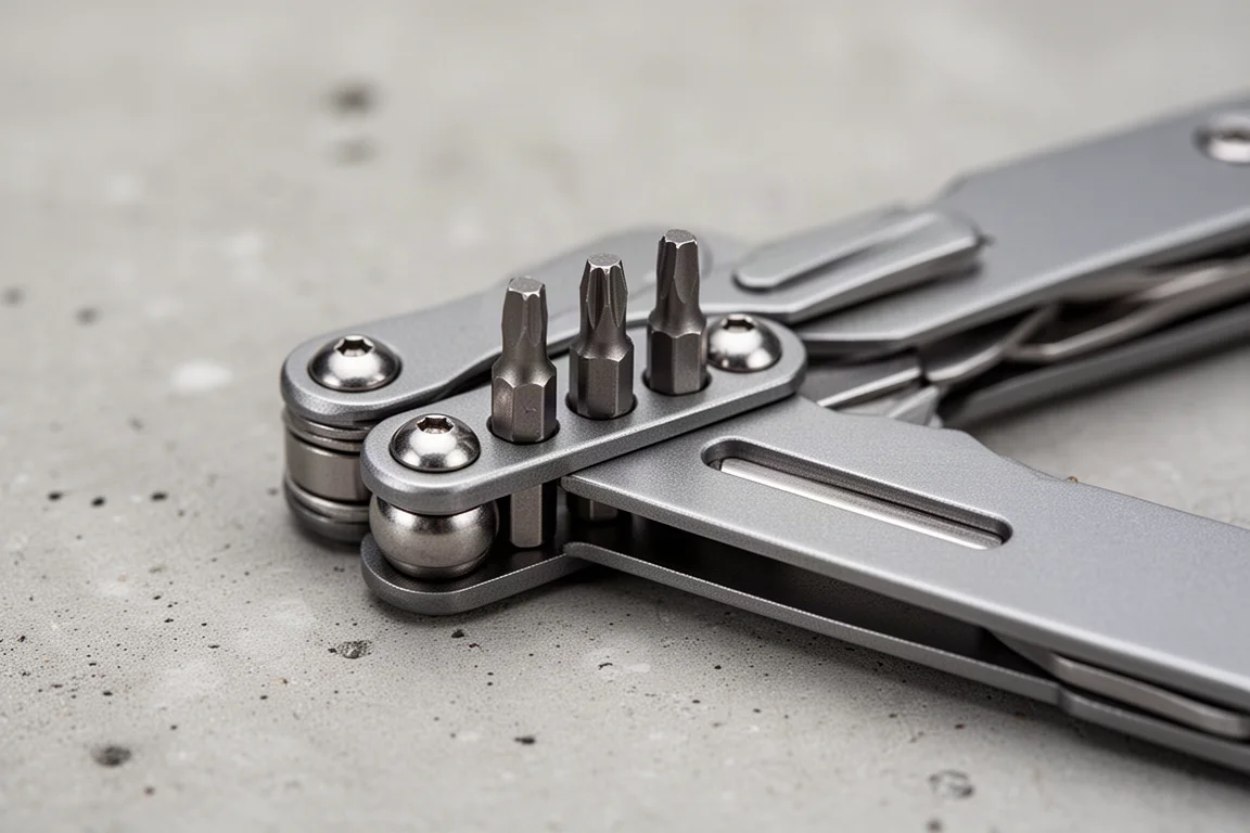 Bits stored magnetically inside an opened multitool arm