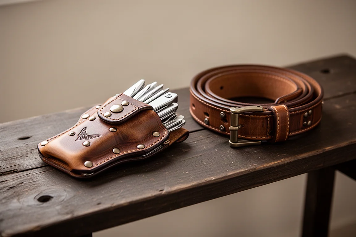 Riveted leather multitool holster lying on a wooden bench beside a belt
