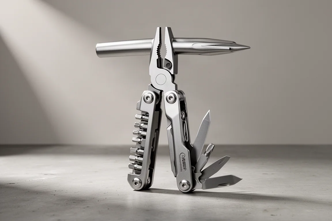 All-steel T-handle multitool with deployed plier head on concrete surface