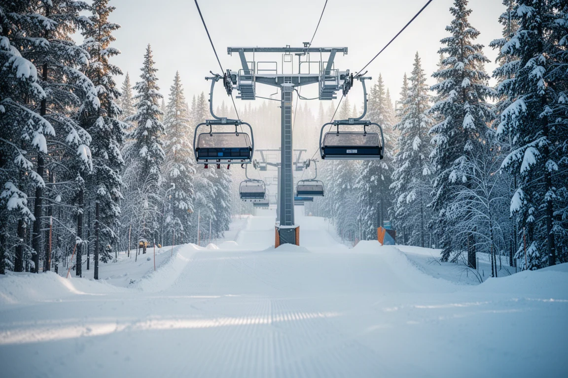 Ski run through snowy evergreen forest with a chairlift above