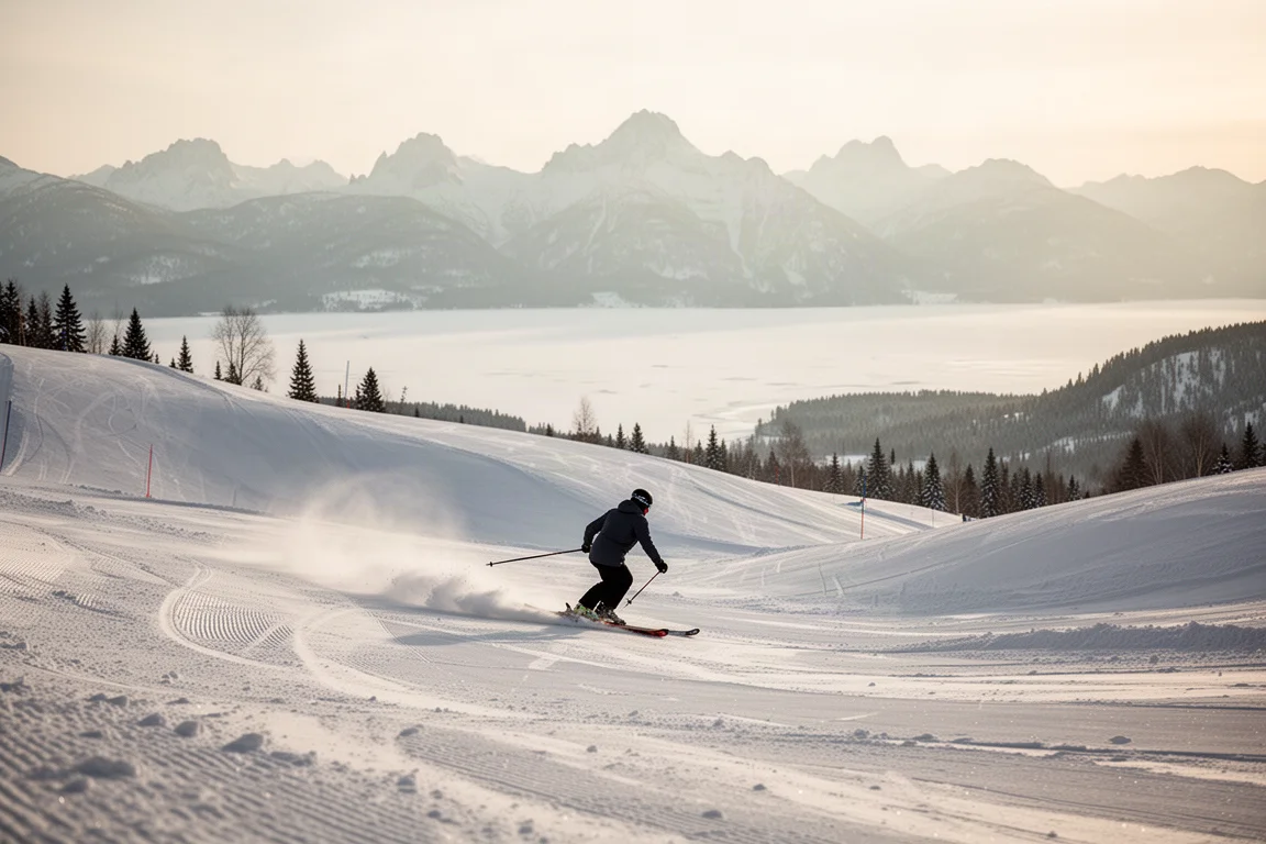 Intermediate skier cruising a long groomed blue run with lake views