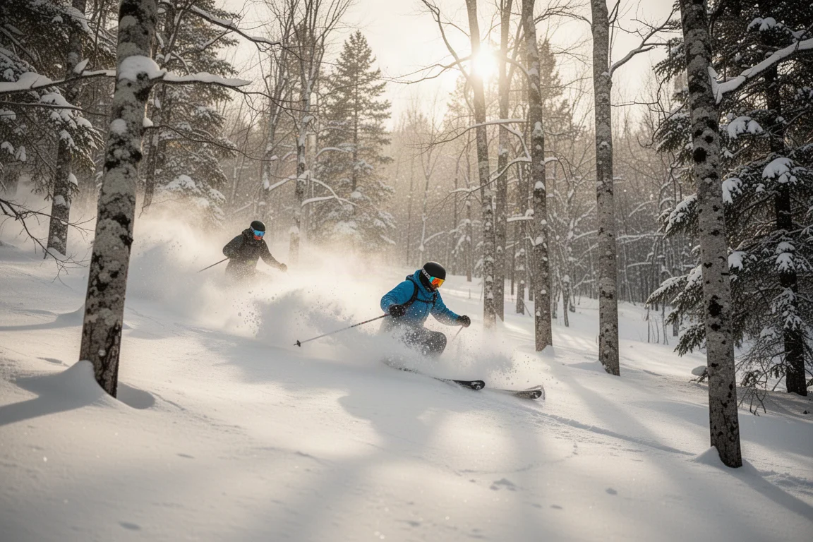 Skiers gliding through spaced trees in a sunlit powder glade