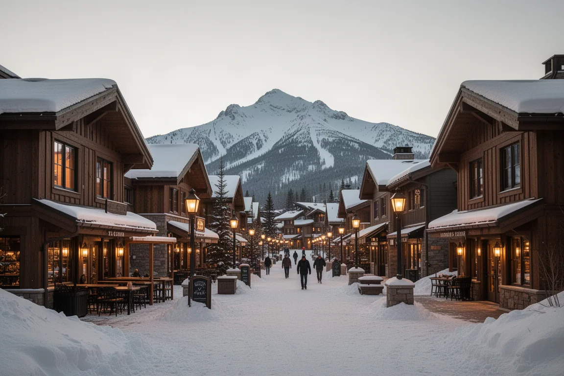 Pedestrian ski village plaza with restaurants and snow-covered walkways