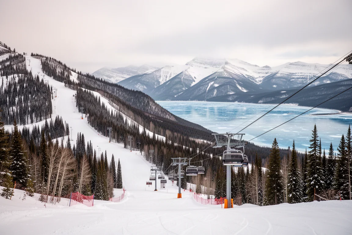 Ski resort mountain with groomed runs above a frozen lake and distant peaks
