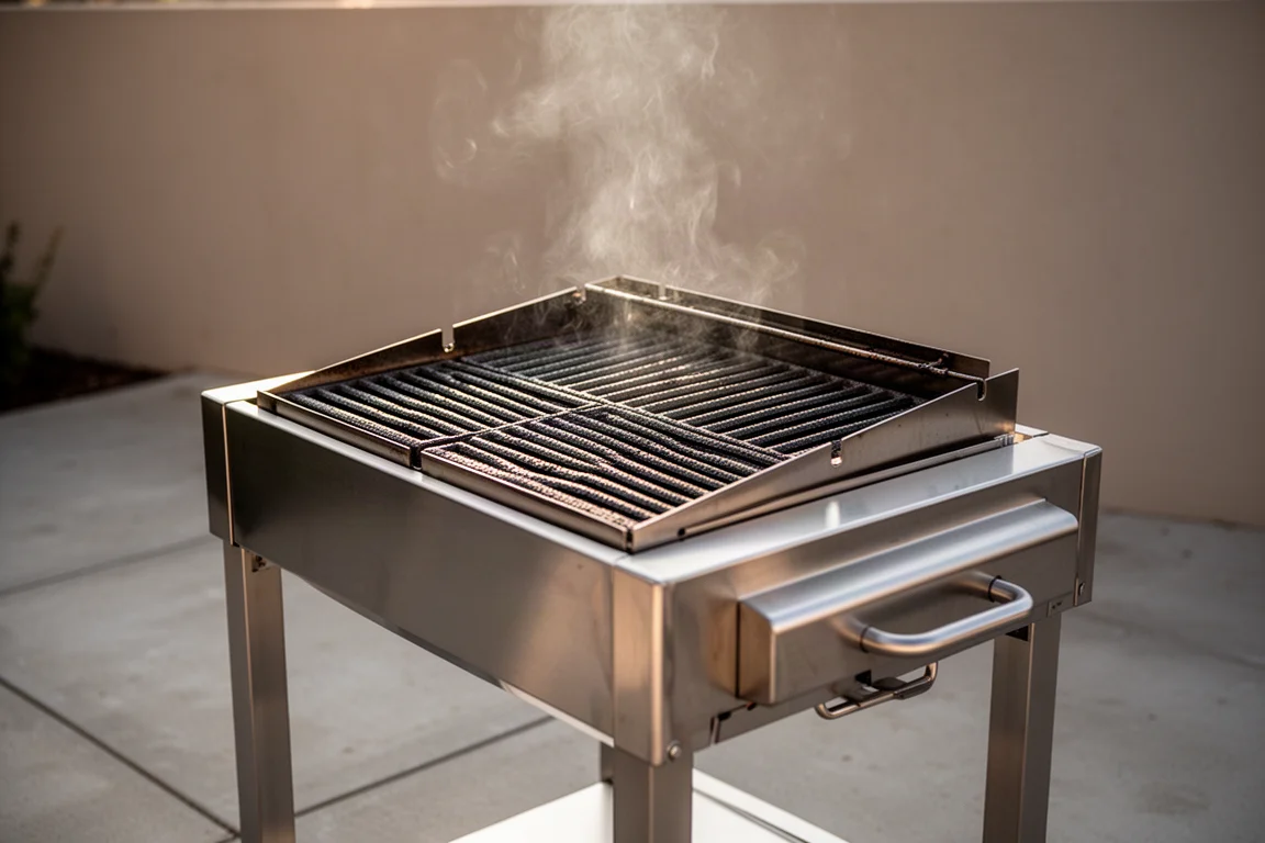 Polierter Holzkohlegrill aus Edelstahl mit dicken Rosten auf einer AußenTerrasse aufgebaut
