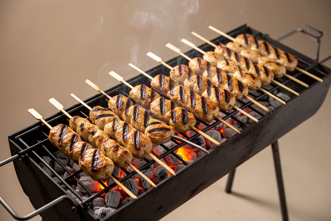 Spieße grillen über der Holzkohle, während sich deutliche Brandmarken bilden