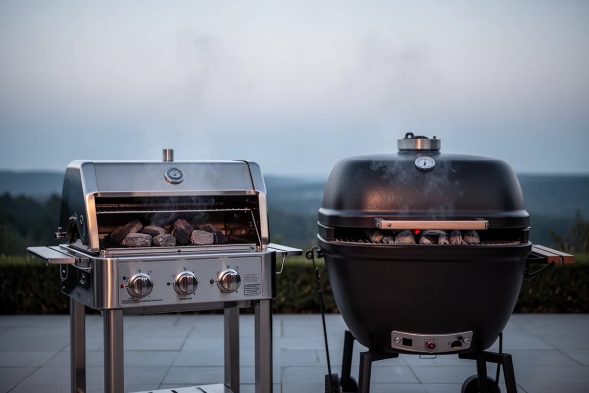 Zwei Holzkohlegrills nebeneinander auf einer Terrasse im sanften Abendlicht