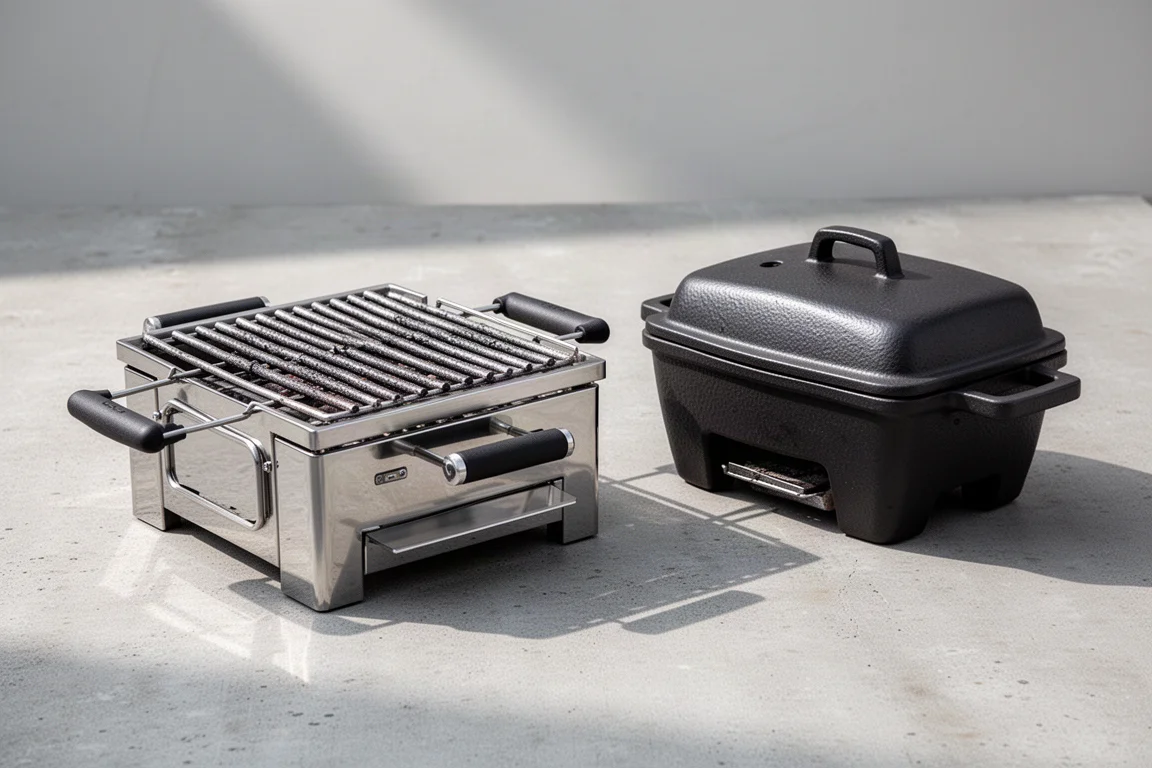 Stainless steel Tan Grill and ceramic Konro grill side by side on concrete
