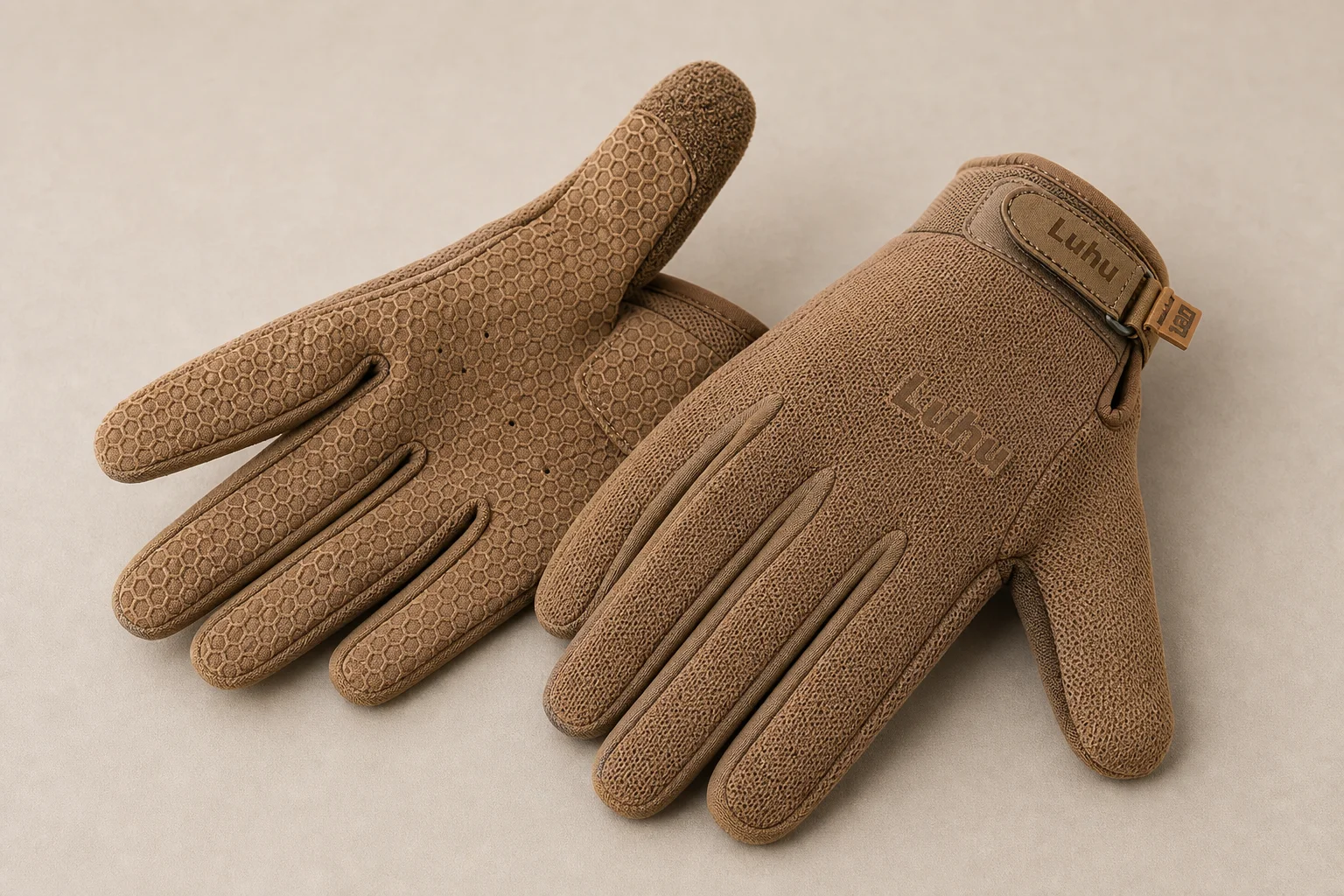 Fünf Mountainbike-Handschuhe in verschiedenen Ausführungen auf einer Betonoberfläche angeordnet